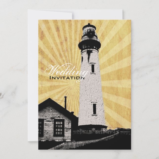 Yellow Coastal Nautical Lighthouse Wedding Invitation (Front)