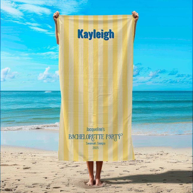 Yellow Coastal Stripe Bachelorette Trip Bridesmaid Beach Towel (Yellow Tinted Coastal Stripe Beach Towel)