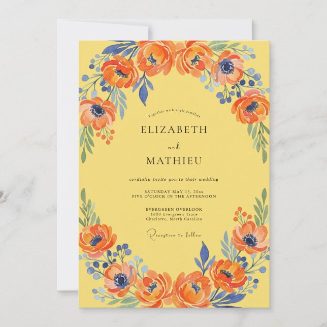 Yellow Cobalt Poppy Wedding Invitation (Front)