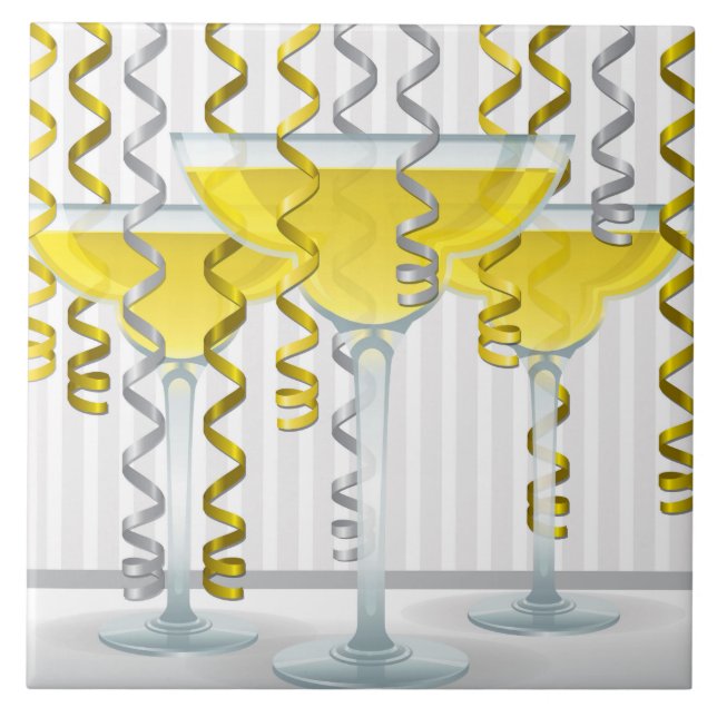 Yellow cocktail and ribbon ceramic tile (Front)