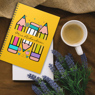 Yellow Colorful teacher name pencil cartoon Notebook