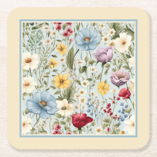 Yellow colour with delicate floral pattern square paper coaster (Front)