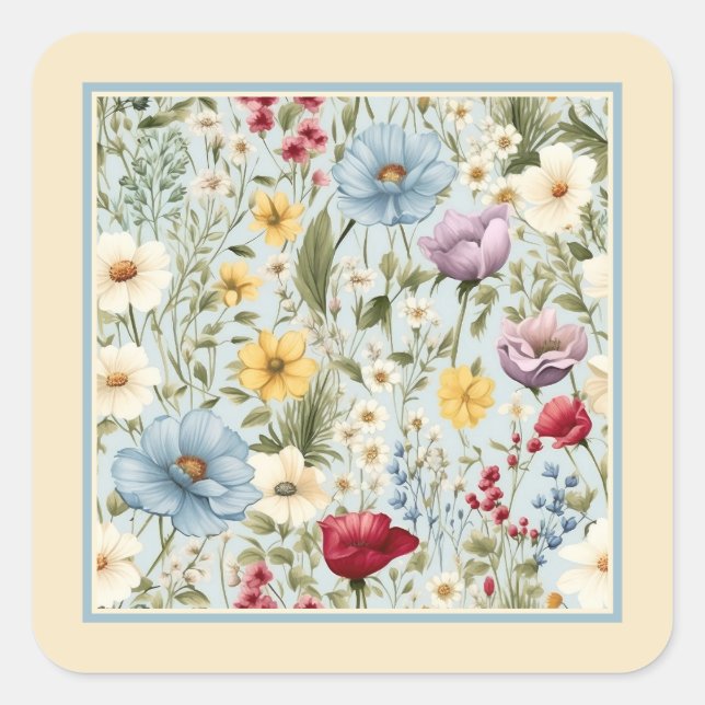 Yellow colour with delicate floral pattern square sticker (Front)