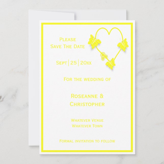 Yellow Coloured Butterflies Heart Design Wedding Save The Date (Front)