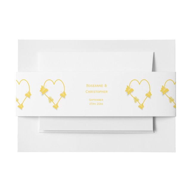 Yellow Coloured Butterfly Heart Design Wedding Invitation Belly Band (Front Example)