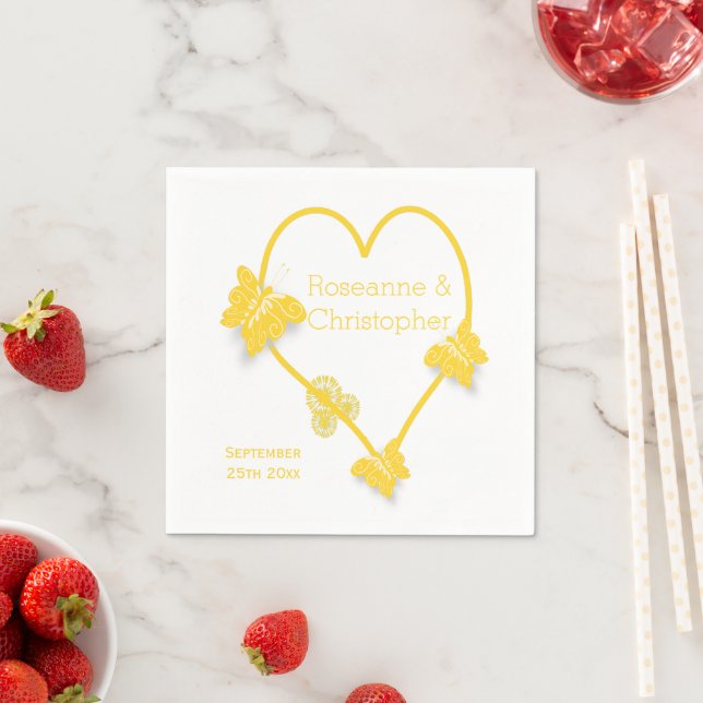 Yellow Coloured Butterfly Heart Design Wedding Napkin (Insitu)