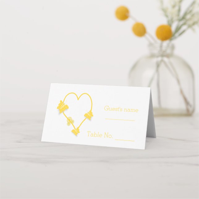 Yellow Coloured Butterfly Heart Design Wedding Place Card (Front)