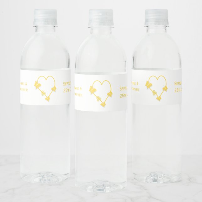 Yellow Coloured Butterfly Heart Design Wedding Water Bottle Label (Bottles)