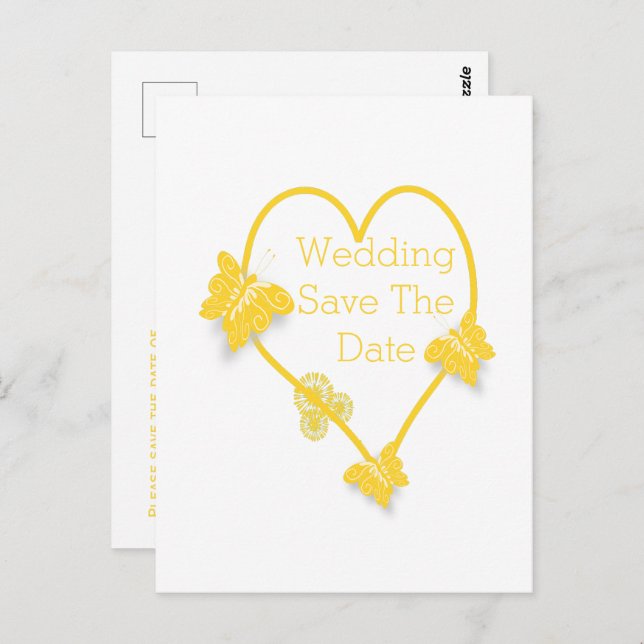 Yellow Coloured Butterfly Heart Save The Date Postcard (Front/Back)