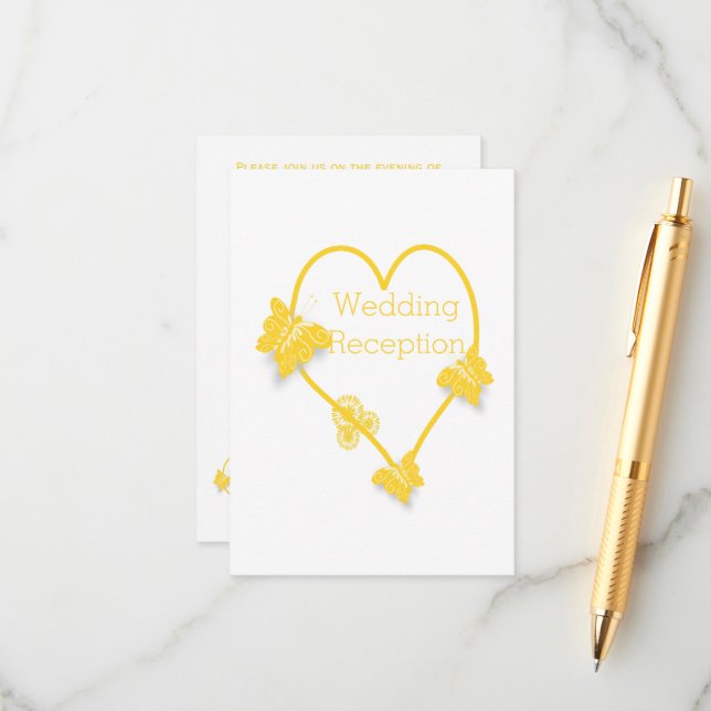 Yellow Coloured Butterfly Heart Wedding Reception Enclosure Card (Front/Back In Situ)