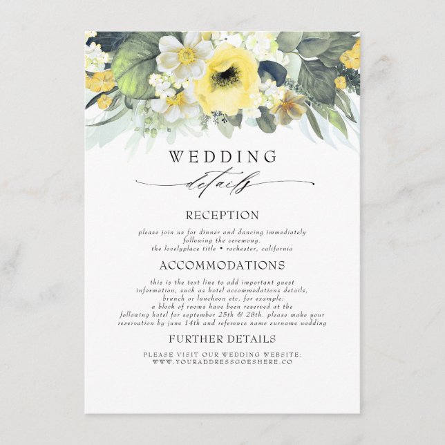 Yellow Coloured Flowers Wedding Information Enclosure Card (Front)