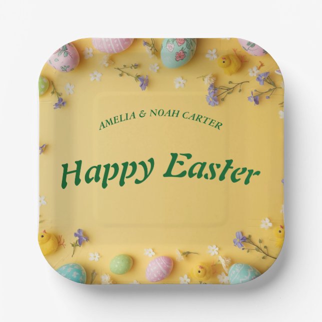 Yellow colourful  Easter BRUNCH & HUNT Paper Plate (Front)