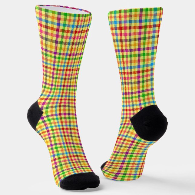 Yellow Colourful Gingham Plaid Pattern  Socks (Angled)