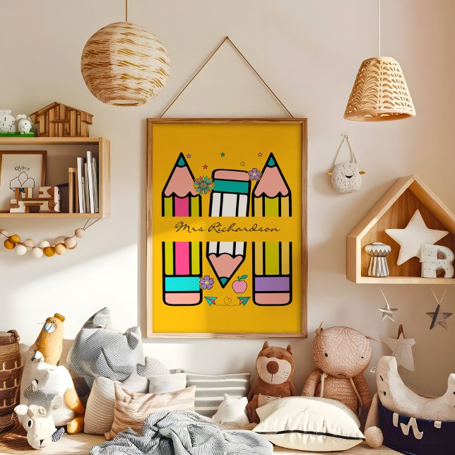 Yellow Colourful Teacher Cartoon Pencil Poster (Creator Uploaded)