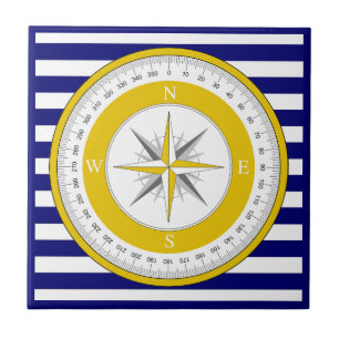 Yellow Compass Rose Blue and White Stripe Ceramic Tile