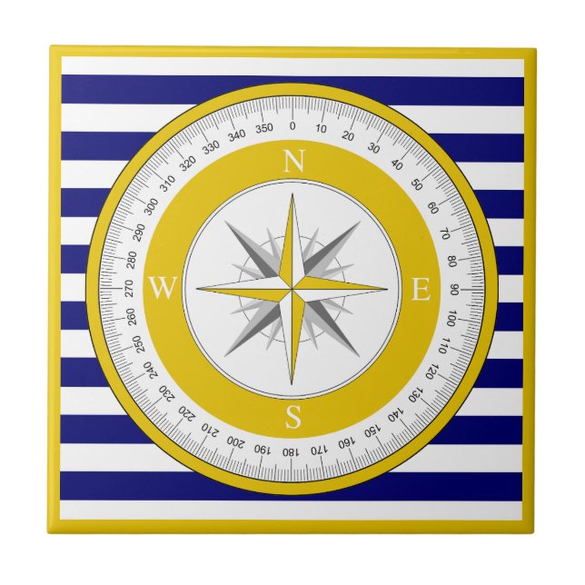 Yellow Compass Rose Blue and White Stripe Ceramic Tile (Front)