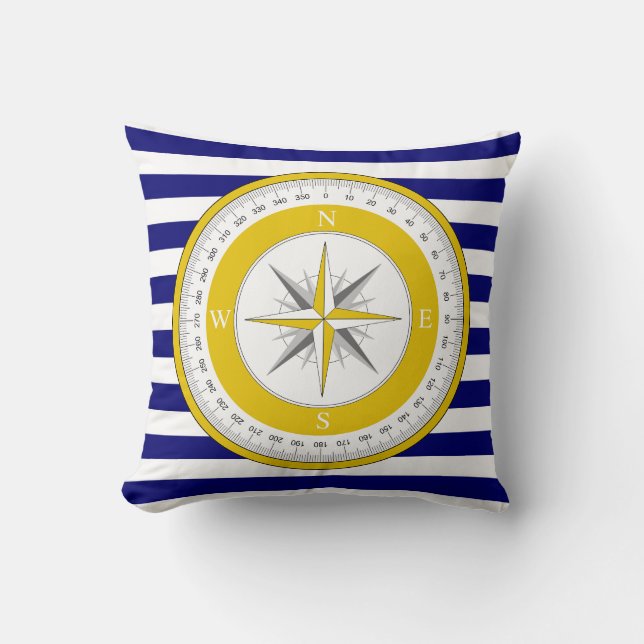 Yellow Compass Rose Blue and White Stripe Cushion (Front)
