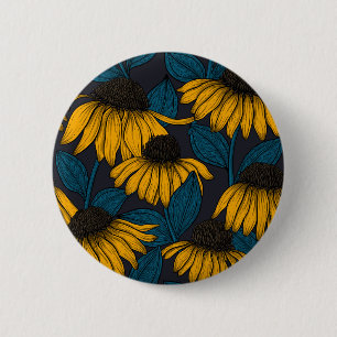 Yellow coneflowers on dark blue 6 cm round badge