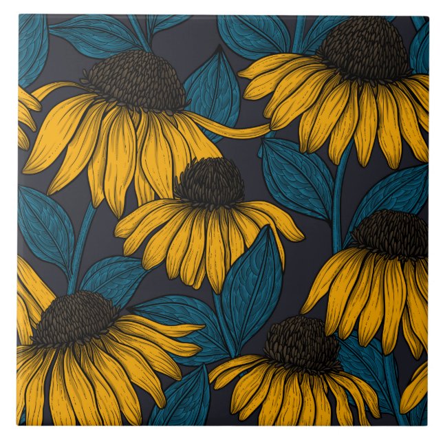 Yellow coneflowers on dark blue ceramic tile (Front)
