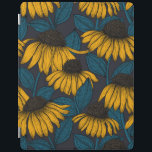 Yellow coneflowers on dark blue iPad cover<br><div class="desc">Hand-drawn coneflowers,  seamless vector pattern</div>