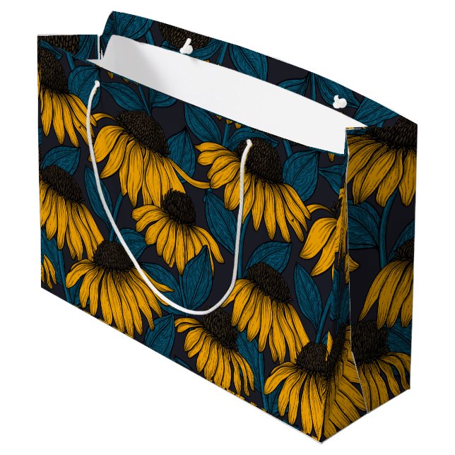 Yellow coneflowers on dark blue large gift bag (Back Angled)