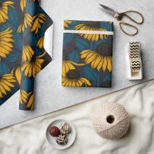 Yellow coneflowers on dark blue wrapping paper