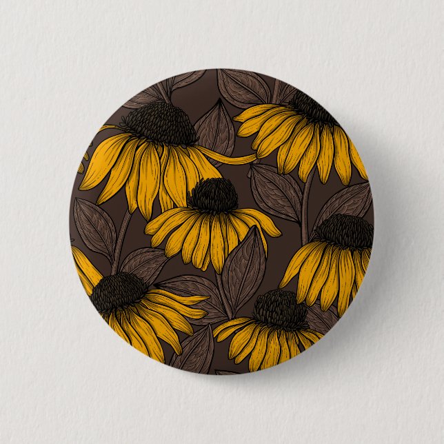 Yellow coneflowers on dark brown 6 cm round badge (Front)