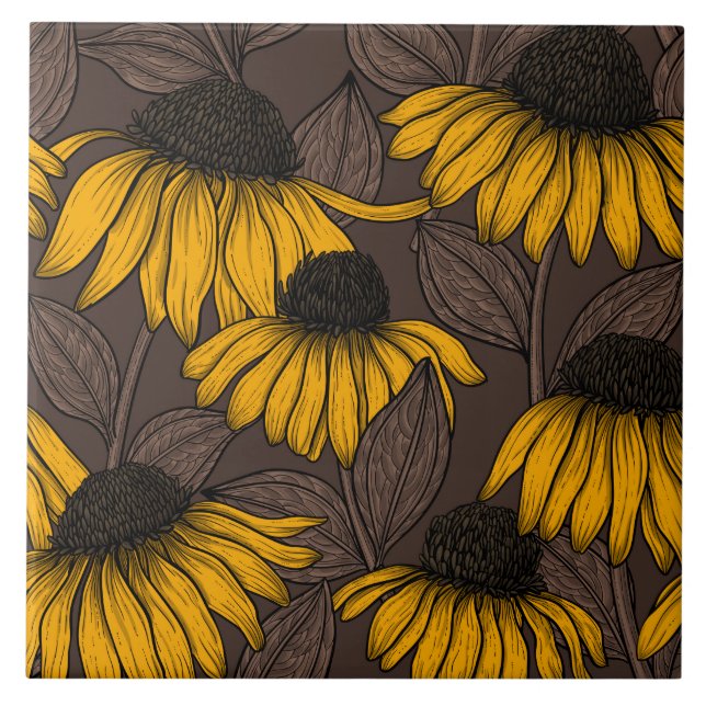 Yellow coneflowers on dark brown ceramic tile (Front)