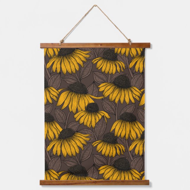 Yellow coneflowers on dark brown hanging tapestry (Front)