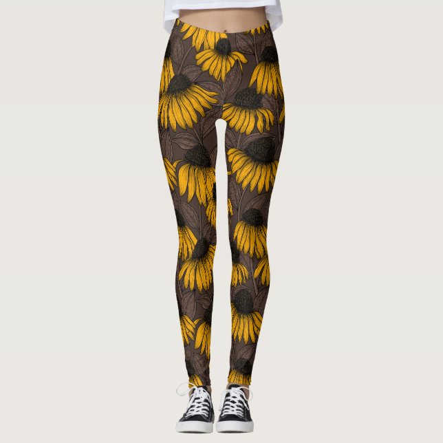 Yellow coneflowers on dark brown leggings (Front)
