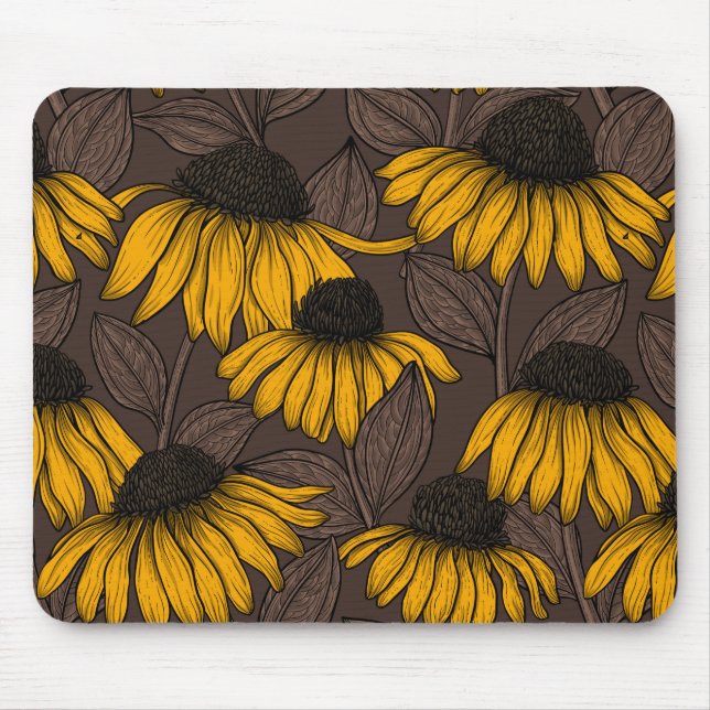 Yellow coneflowers on dark brown mouse pad (Front)