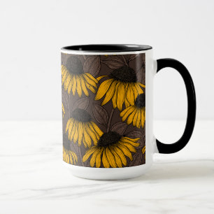 Yellow coneflowers on dark brown mug