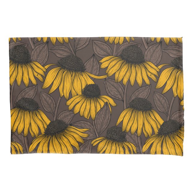 Yellow coneflowers on dark brown pillowcase (Front-Left)