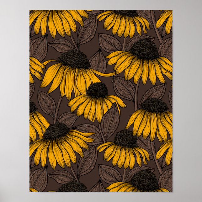 Yellow coneflowers on dark brown poster (Front)
