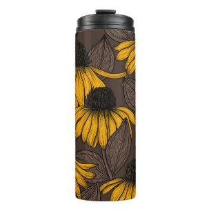 Yellow coneflowers on dark brown thermal tumbler