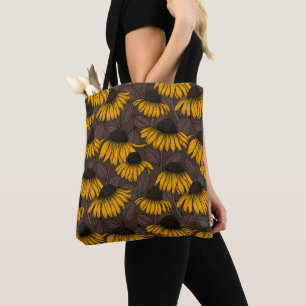 Yellow coneflowers on dark brown tote bag