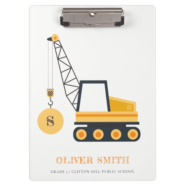 Yellow Construction Crane Vehicle Monogram Boys Clipboard (Front)