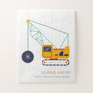 Yellow Construction Crane Vehicle Monogram Boys Jigsaw Puzzle