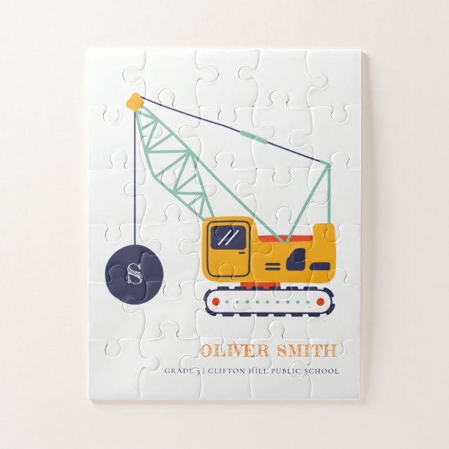 Yellow Construction Crane Vehicle Monogram Boys Jigsaw Puzzle (Vertical)