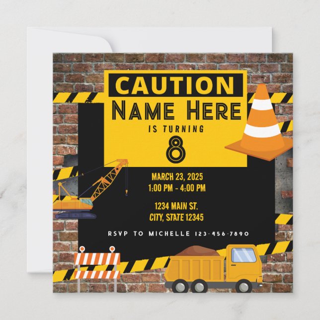 Yellow Construction Dump Truck Dirt Birthday Invitation (Front)