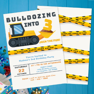 Yellow Construction Truck 3rd Birthday Party Invitation