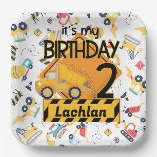 yellow construction truck car 2nd birthday paper plate