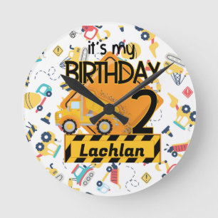 yellow construction truck car 2nd birthday round clock