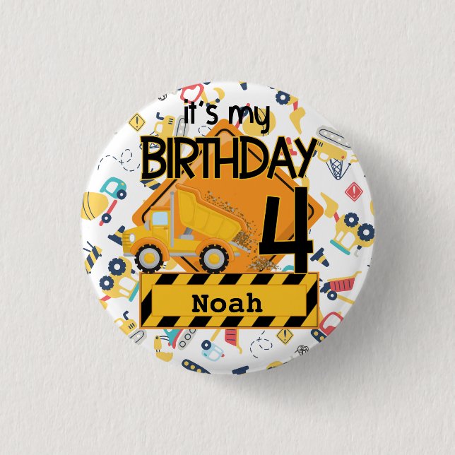 yellow construction truck car 4th birthday 3 cm round badge (Front)