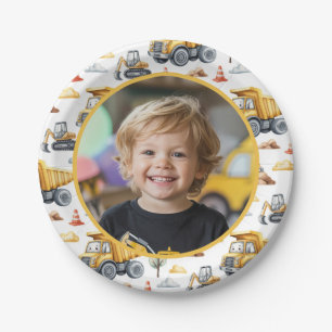 Yellow Construction Trucks Birthday Photo Kids  Paper Plate