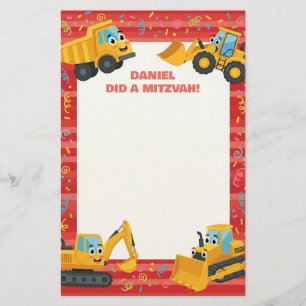 Yellow Construction Trucks Customized Mitzvah Note Stationery