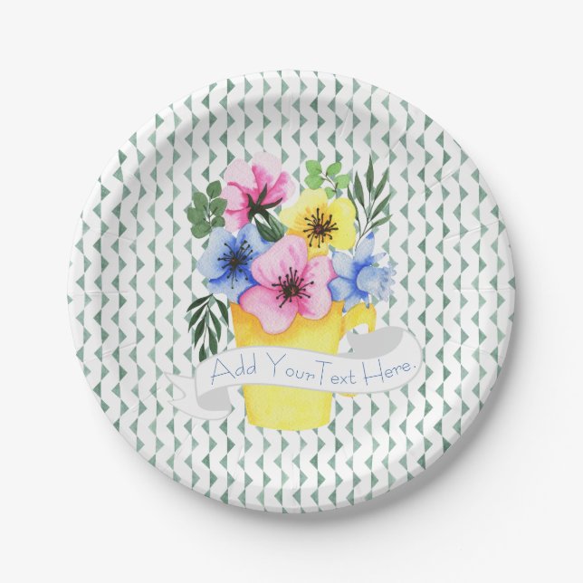 Yellow Container With Pastel Pansies Paper Plate (Front)