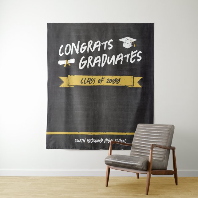 Yellow Cool Chalkboard Congrats Graduates Backdrop Tapestry (In Situ)