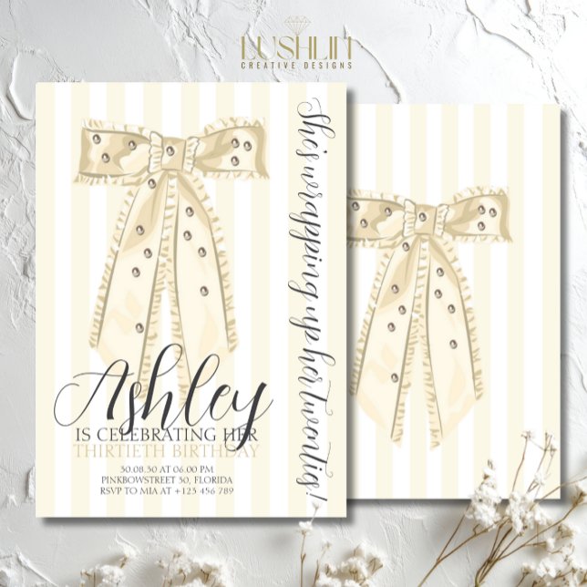 Yellow Coquette Bow Elegant Thirtieth Birthday Invitation (Creator Uploaded)
