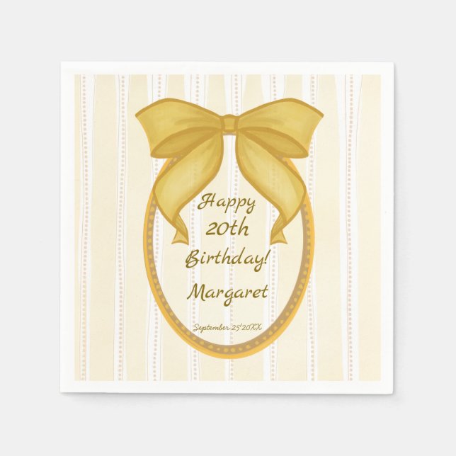 Yellow coquette retro stripes bow birthday party napkin